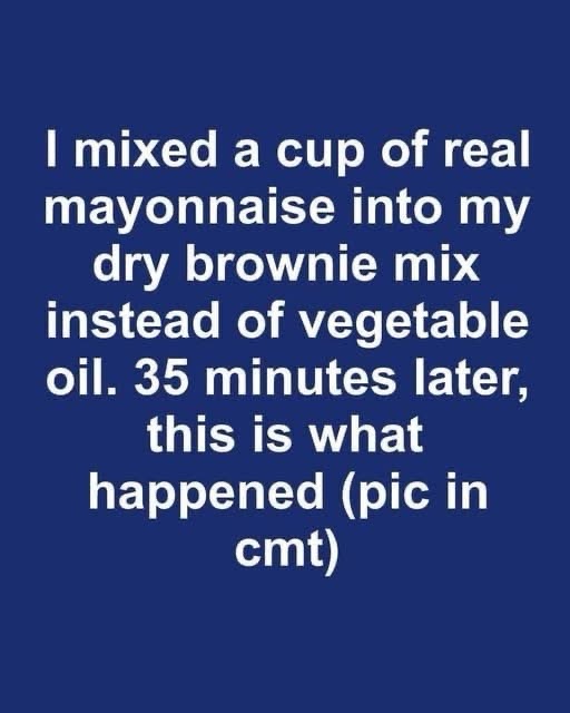 I mixed a cup of real mayonnaise into my dry brownie mix instead of vegetable oil. 35 minutes later, this is what happened