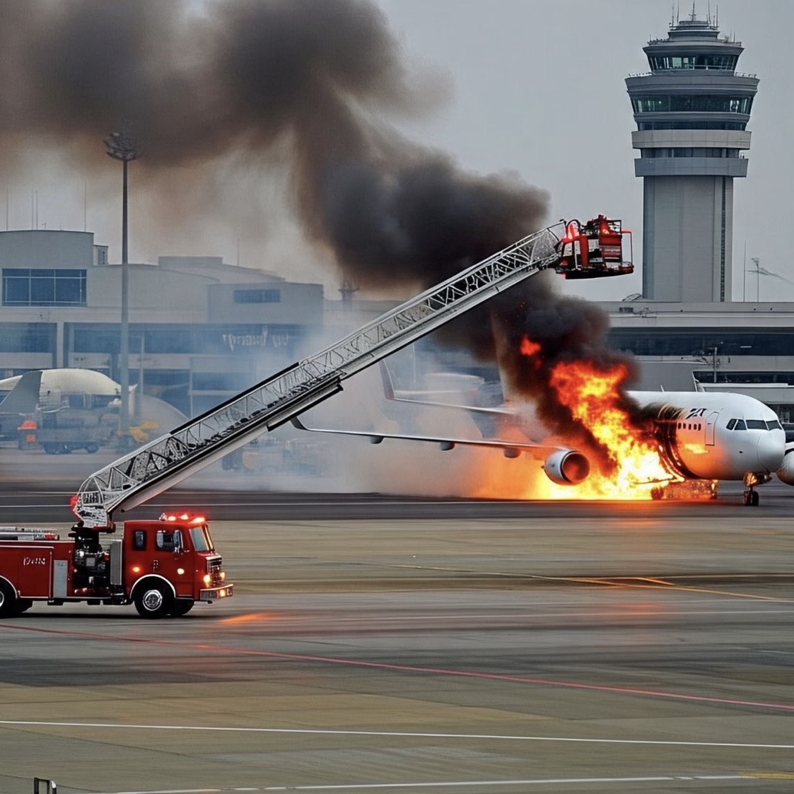 Major US airport: burning plane… rescue in action