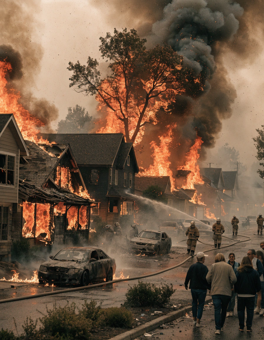 Wildfire Spreads Through An American Neighborhood, Damaging Homes And Vehicles