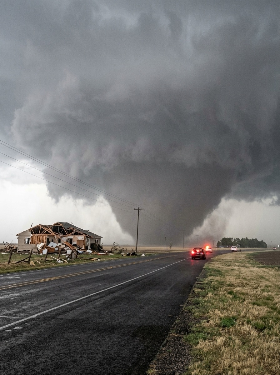 Tornado Leaves Car Stranded on Highway as Nearby Home Is Reduced to Rubble